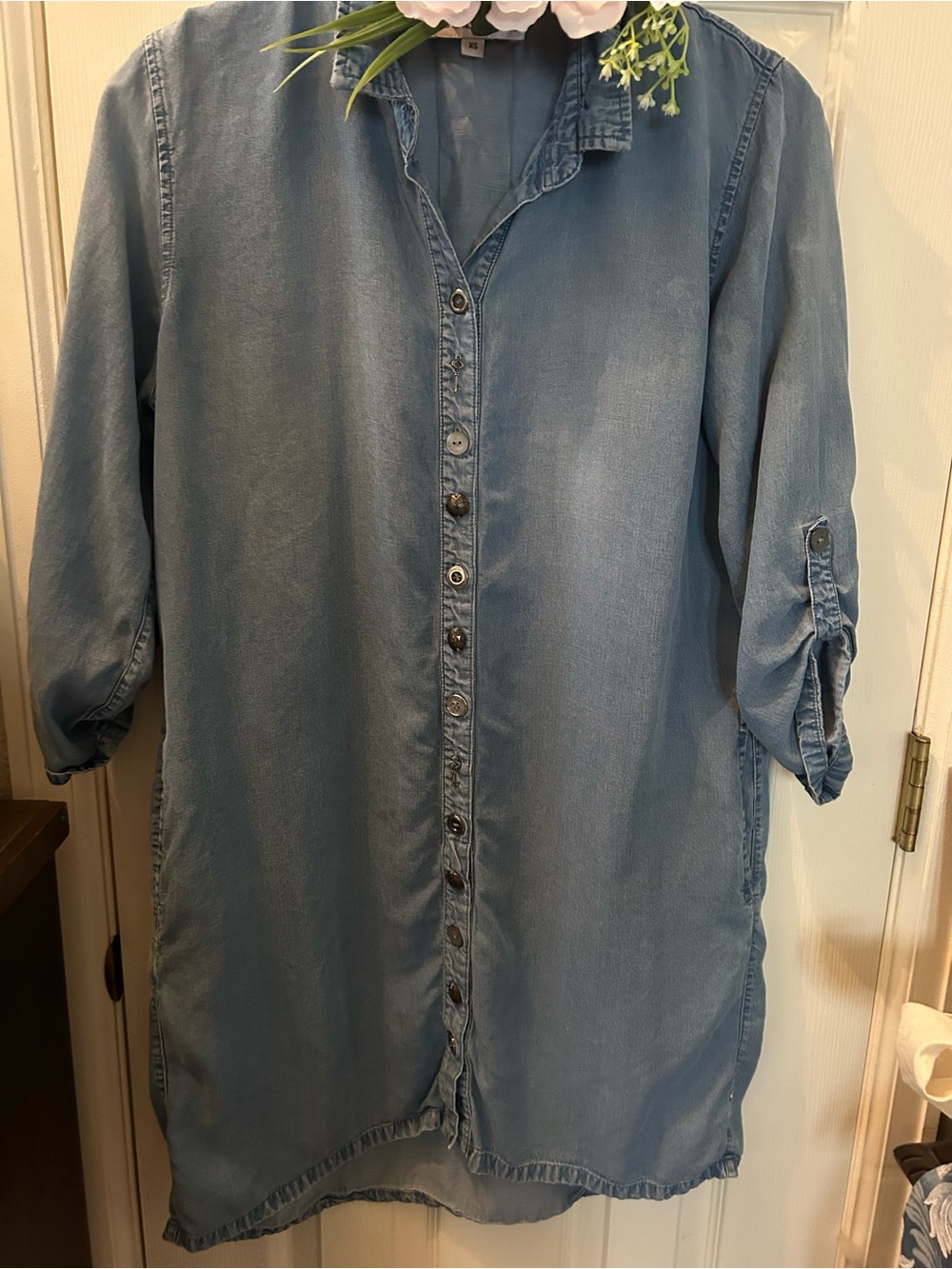 neon buddha Light Blue Denim-Style Button-Down Shirt/dress size XS.